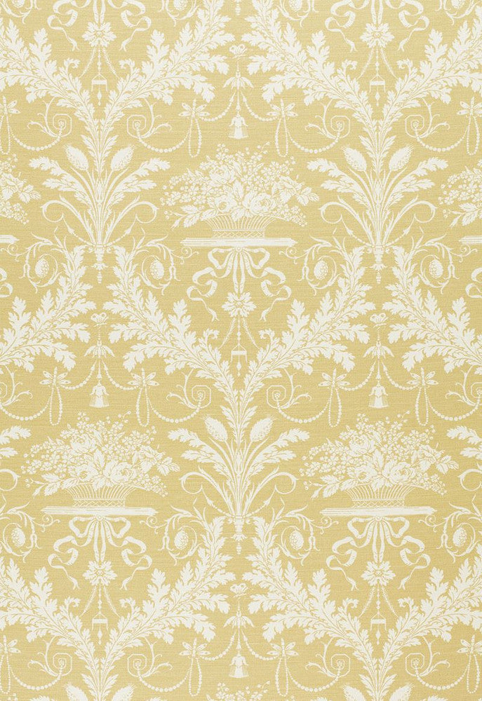 Clairemont Damask Yellow 1178015 by Schumacher Designer Fabric Classic-Prints 58% Linen, 42% Cotton - Horizontal: 9 and Vertical: 36 54 - Swanky Fabrics -