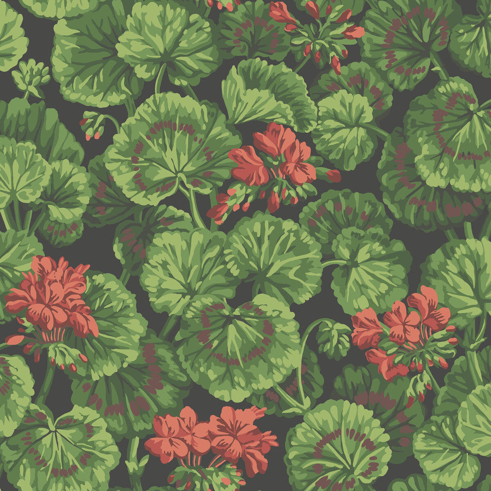 Geranium Rouge & Leaf Greens On Black by Cole & Son Designer Wallcovering COLE & SON SEVILLE NON WOVEN - 100% United Kingdom Horizontal: 20.5 and Vertical: 20.5 20.5 - Swanky Fabrics -