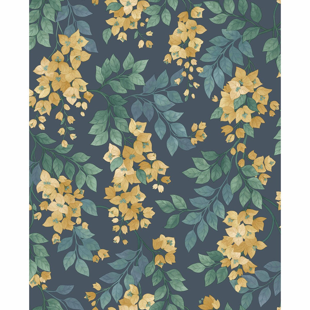 Bougainvillea Ochre/Viridian/Petrol On Ink by Cole & Son Designer Wallcovering COLE & SON SEVILLE NON WOVEN - 100% United Kingdom Horizontal: 20.5 and Vertical: 25.2 20.5 - Swanky Fabrics -