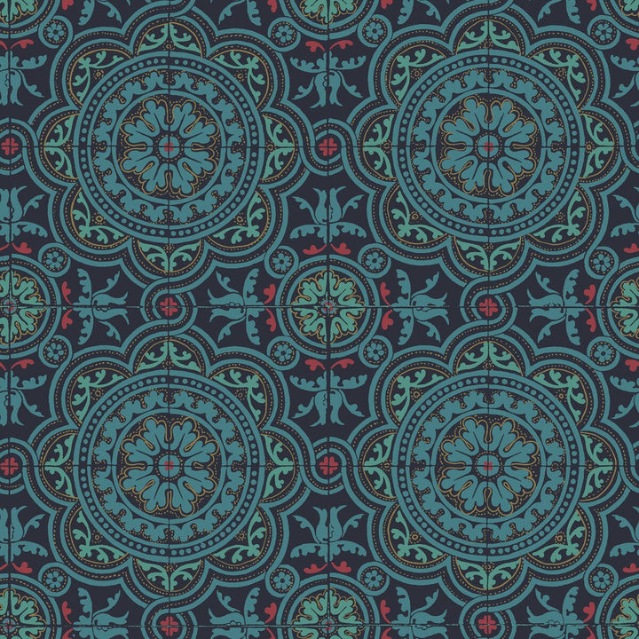 Piccadilly Petrol/Red/Metallic Gold On Ink by Cole & Son Designer Wallcovering COLE & SON SEVILLE NON WOVEN - 100% United Kingdom Horizontal: 20.8 and Vertical: 20.8 20.8 - Swanky Fabrics -