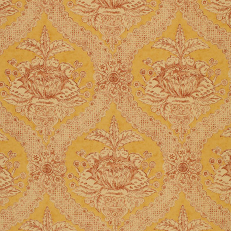 Haddon Hall Damask Maize 172780 by Schumacher Designer Fabric THE LIBRAY COLLECTION See Sample UNITED KINGDOM TO BE DETERMINED </p><p>Repeat: Horizontal: 9" (23CM) and Vertical: 23 3/4" (60CM) 54" WIDE (137CM) - Swanky Fabrics -