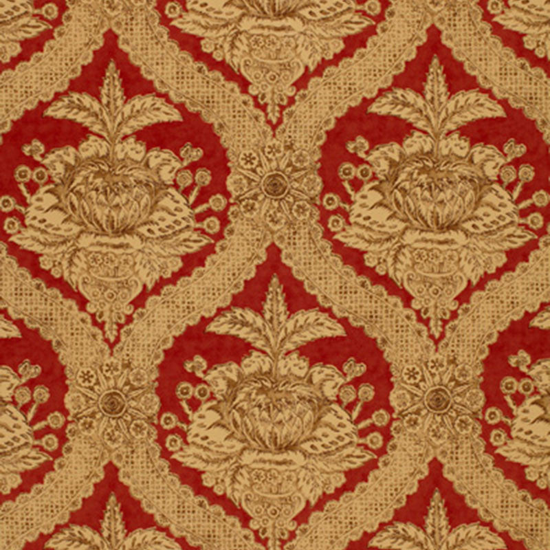 Haddon Hall Damask Venetian Red 172781 by Schumacher Designer Fabric THE LIBRAY COLLECTION COTTON 100% UNITED KINGDOM </p><p>Repeat: Horizontal: 9" (23CM) and Vertical: 23 3/4" (60CM) 54 - Swanky Fabrics -