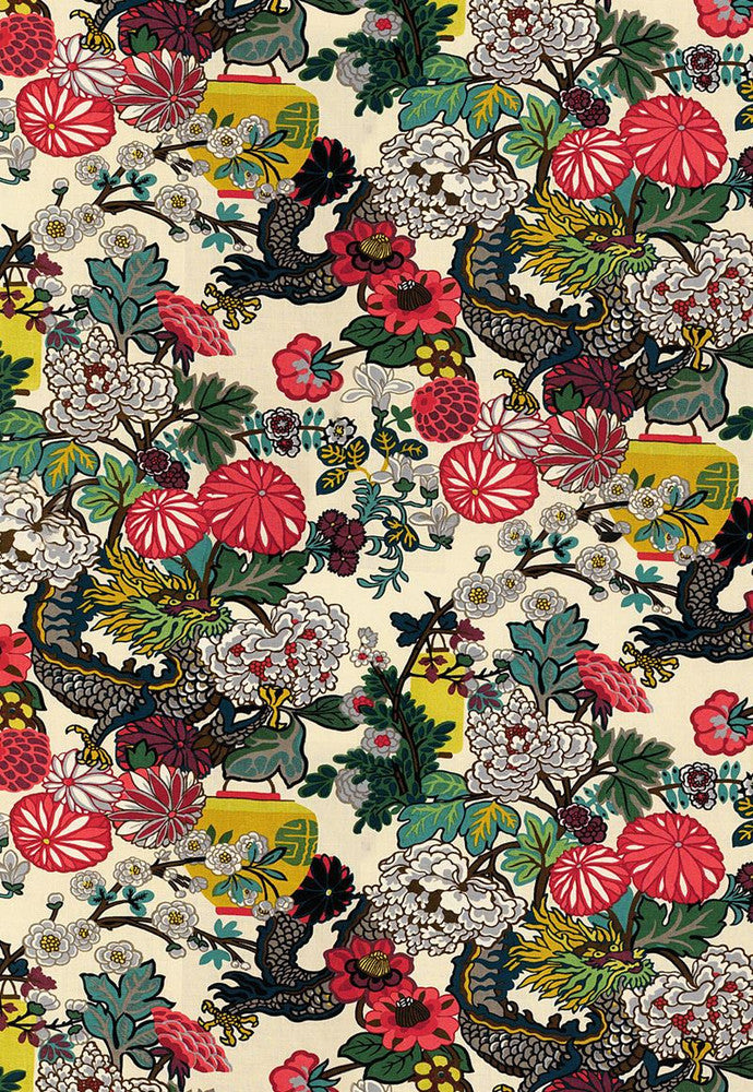Chiang Mai Dragon Alabaster 173273 by Schumacher Designer Fabric Exuberant-Prints 100% Linen - Horizontal: 27 and Vertical: 45.5 54 - Swanky Fabrics -
