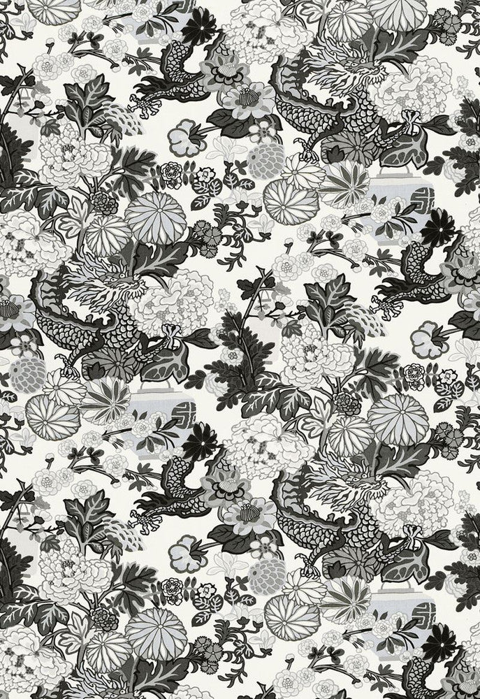 Chiang Mai Dragon Smoke 173276 by Schumacher Designer Fabric Exuberant-Prints 100% Linen - Horizontal: 27 and Vertical: 45.5 54 - Swanky Fabrics -