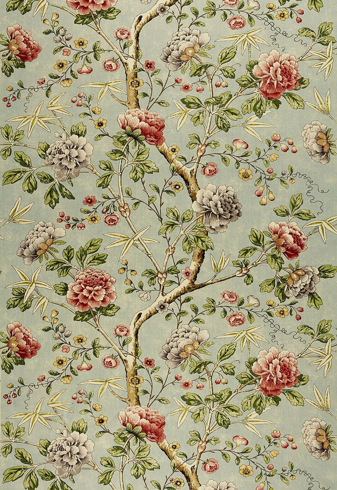 Mandarin Peony Aquamarine 173421 by Schumacher Designer Fabric Classic-Prints 100% Linen - Horizontal: 54 and Vertical: 51.75 54 - Swanky Fabrics -
