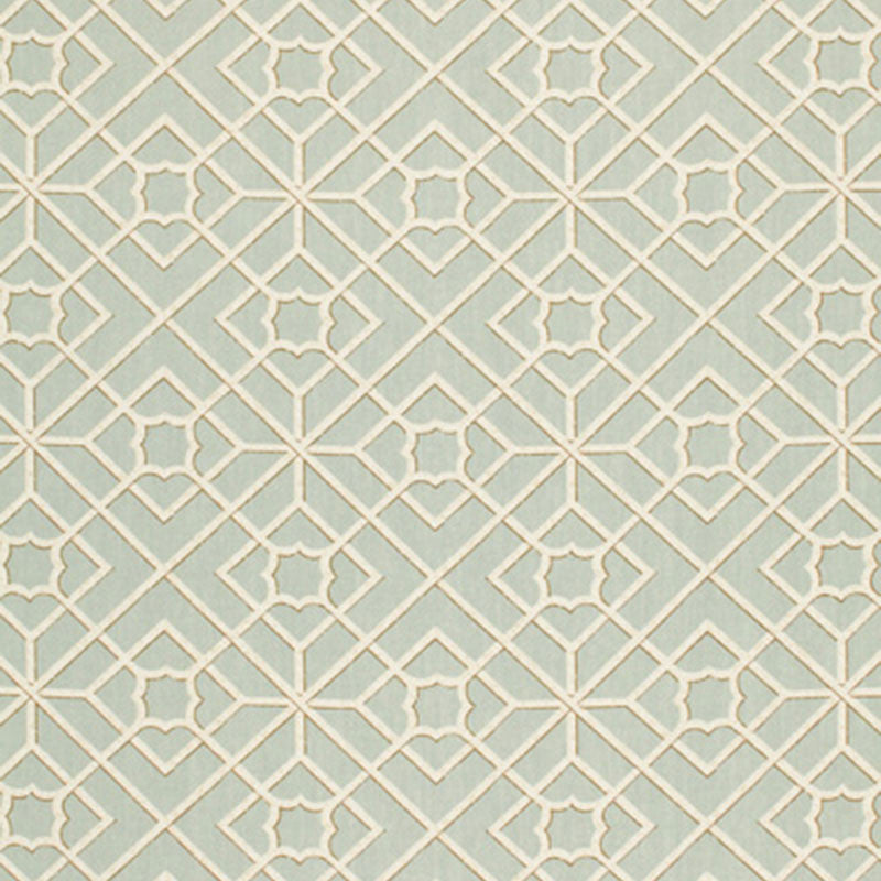 Luan Fretwork Sky 173491 by Schumacher Designer Fabric SCHUMACHER PRINTS See Sample UNITED KINGDOM NOT APPLICABLE </p><p>Repeat: Horizontal: 9" (23CM) and Vertical: 9" (23CM) 54" WIDE (137CM) - Swanky Fabrics -