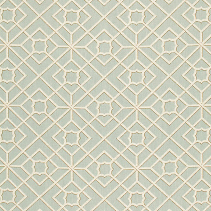 Luan Fretwork Sky 173491 by Schumacher Designer Fabric SCHUMACHER PRINTS See Sample UNITED KINGDOM NOT APPLICABLE </p><p>Repeat: Horizontal: 9" (23CM) and Vertical: 9" (23CM) 54" WIDE (137CM) - Swanky Fabrics -
