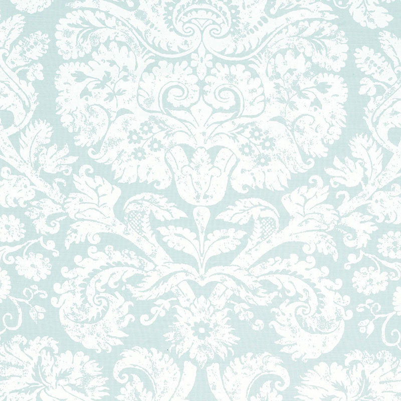 Barresa Damask Aqua 174132 by Schumacher Designer Fabric CLASSIC PRINTS See Sample BELGIUM . </p><p>Repeat: Horizontal: 27" (69CM) and Vertical: 36" (91CM) 54" WIDE (137CM) - Swanky Fabrics -