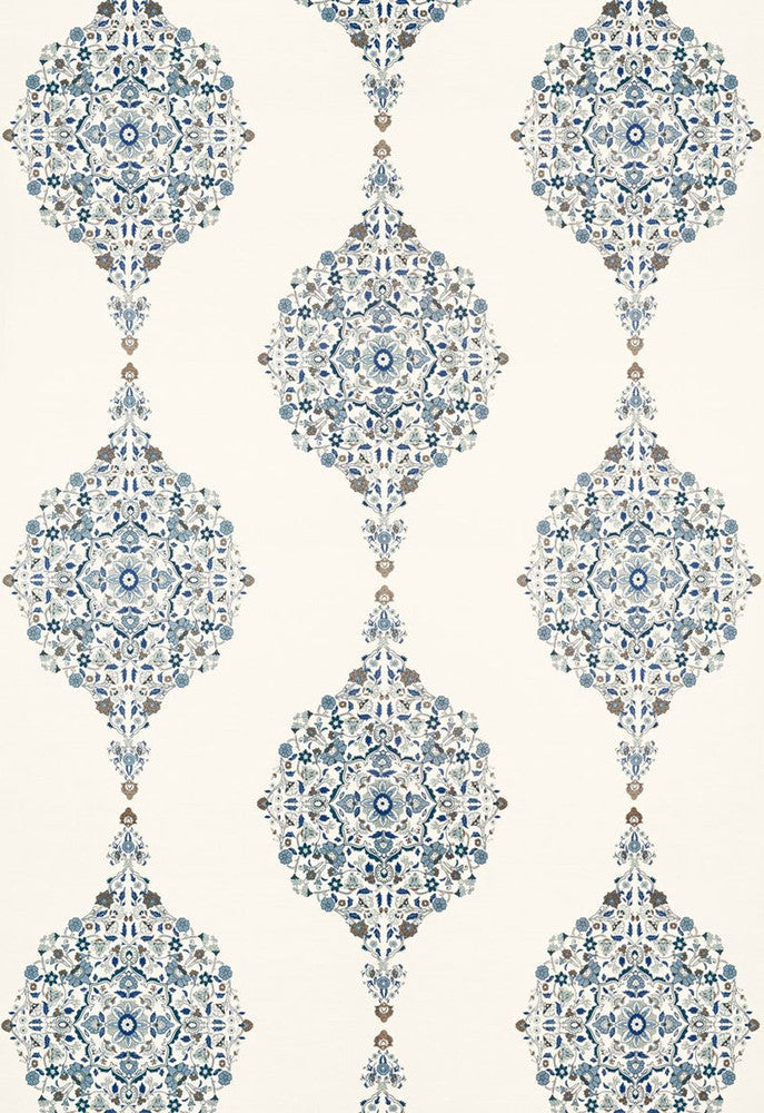 Mehndi Linen Print Indigo 175321 by Schumacher Designer Fabric Au-Naturel 50% Cotton, 50% Jute - Horizontal: 17.5 and Vertical: 31 52.5 - Swanky Fabrics -