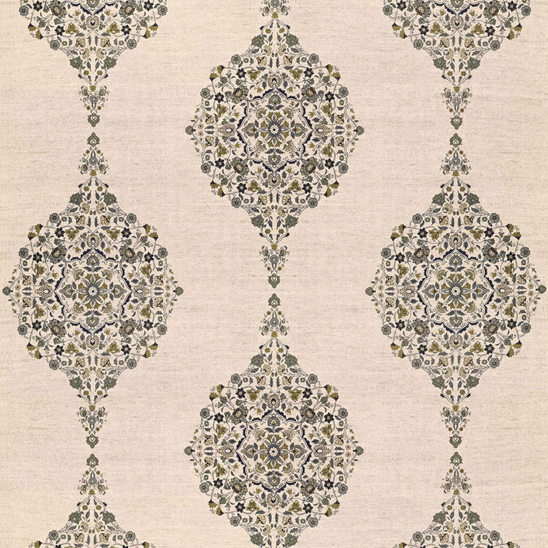 Mehndi Linen Print Smoke 175322 by Schumacher Designer Fabric AU NATUREL 2 See Sample INDIA . </p><p>Repeat: Horizontal: 17 1/2" (44CM) and Vertical: 31" (79CM) 52 1/2" WIDE (133CM) - Swanky Fabrics -
