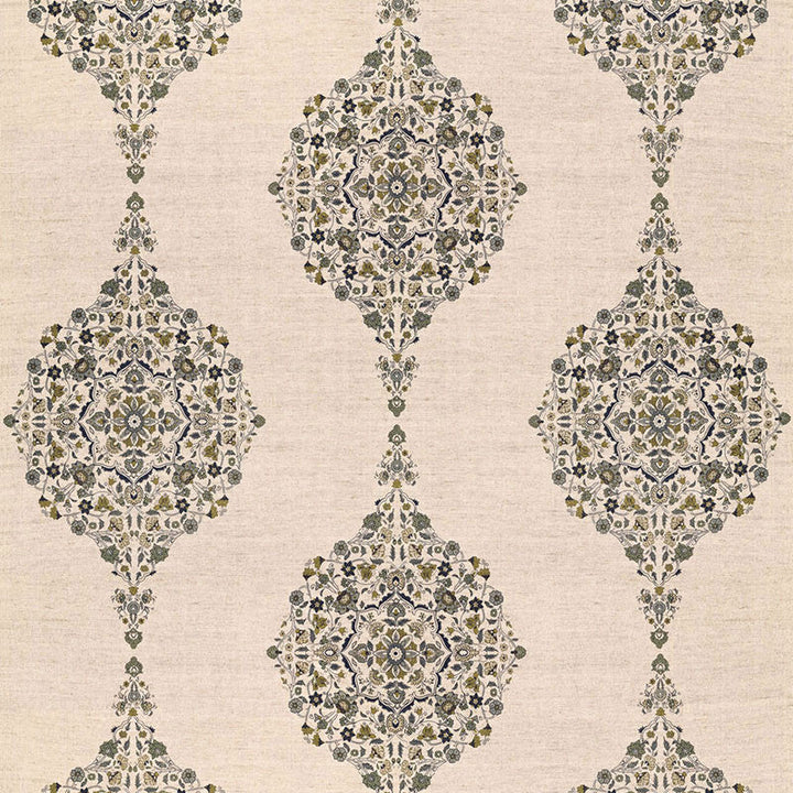 Mehndi Linen Print Smoke 175322 by Schumacher Designer Fabric AU NATUREL 2 See Sample INDIA . </p><p>Repeat: Horizontal: 17 1/2" (44CM) and Vertical: 31" (79CM) 52 1/2" WIDE (133CM) - Swanky Fabrics -