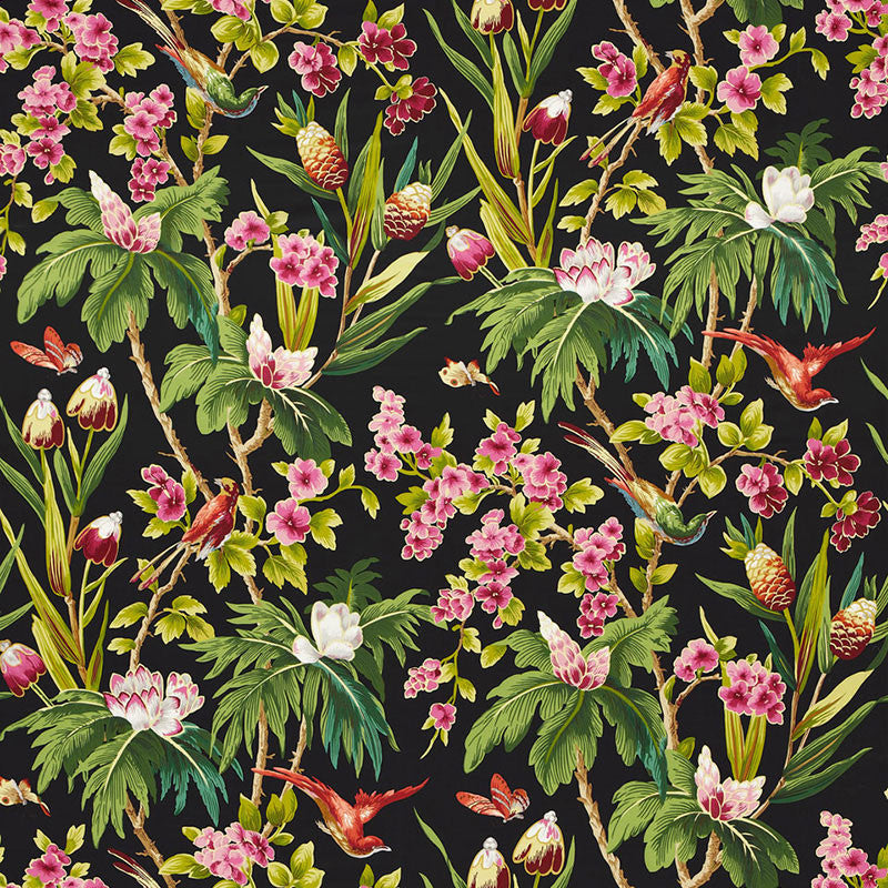 Seychelles Noir 175700 by Schumacher Designer Fabric TROPICANA See Sample FRANCE - </p><p>Repeat: Horizontal: 27" (69CM) and Vertical: 52 1/2" (133CM) 54" WIDE (137CM) - Swanky Fabrics -