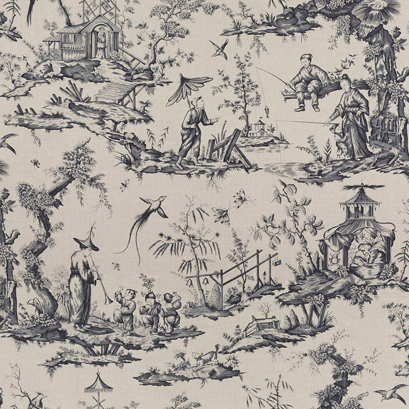 Shengyou Toile Charcoal 175803 by Schumacher Designer Fabric SCHUMACHER CLASSICS See Sample FRANCE MEDIUM DUTY </p><p>Repeat: Horizontal: 44" (112CM) and Vertical: 47" (119CM) 44" WIDE (112CM) - Swanky Fabrics -