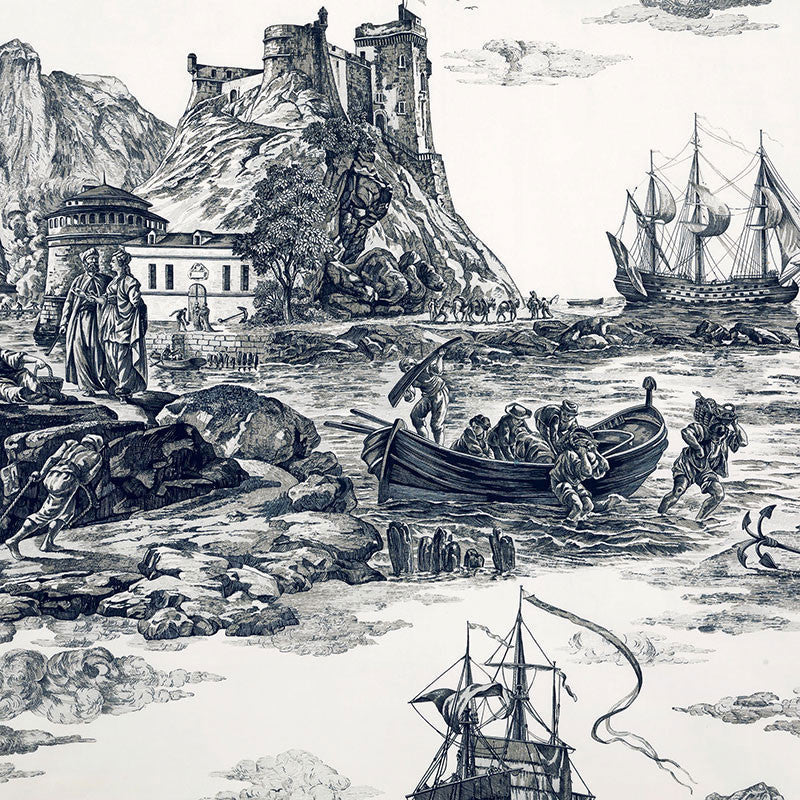 Marine Toile Black 176162 by Schumacher Designer Fabric MARINE TOILE See Sample SWITZERLAND MEDIUM DUTY </p><p>Repeat: Horizontal: 38" (97CM) and Vertical: 75" (191CM) 53" (135CM) - Swanky Fabrics -