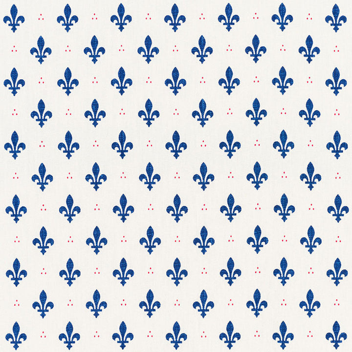Fleur De Lis Bleu & Rouge 176961 by Schumacher Designer Fabric FRENCH REVOLUTION LINEN 100% BELGIUM WYZENBEEK 15,000 </p><p>Repeat: Horizontal: 2" (5CM) and Vertical: 2 1/2" (6CM) 54 - Swanky Fabrics -
