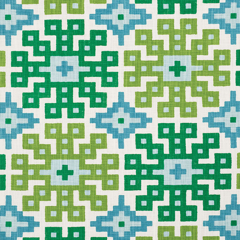 Palmetto Print Lagoon 177450 by Schumacher Designer Fabric HAPPY TOGETHER See Sample ISRAEL - </p><p>Repeat: Horizontal: 26 3/4" (68CM) and Vertical: 25 1/4" (64CM) 54" (137CM) - Swanky Fabrics -