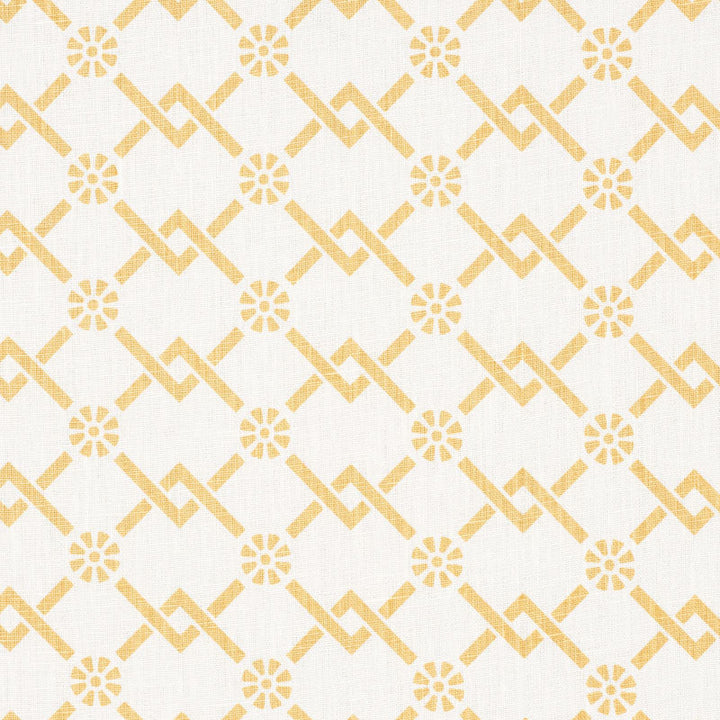 Fretwork Flower Saffron 178311 by Schumacher Designer Fabric TIMOTHY CORRIGAN See Sample UNITED STATES OF AMERICA MEDIUM DURABILITY </p><p>Repeat: Horizontal: 2 3/4" (7CM) and Vertical: 1 7/8" (5CM) 54" (137CM) - Swanky Fabrics -