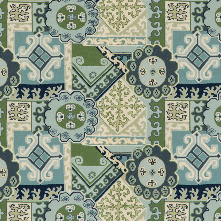 Batangas Print Aqua/Leaf by Lee Jofa Designer Fabric MINDORO LINEN - 100% Italy HEAVY Horizontal: 27 and Vertical: 17.32 54 - Swanky Fabrics -