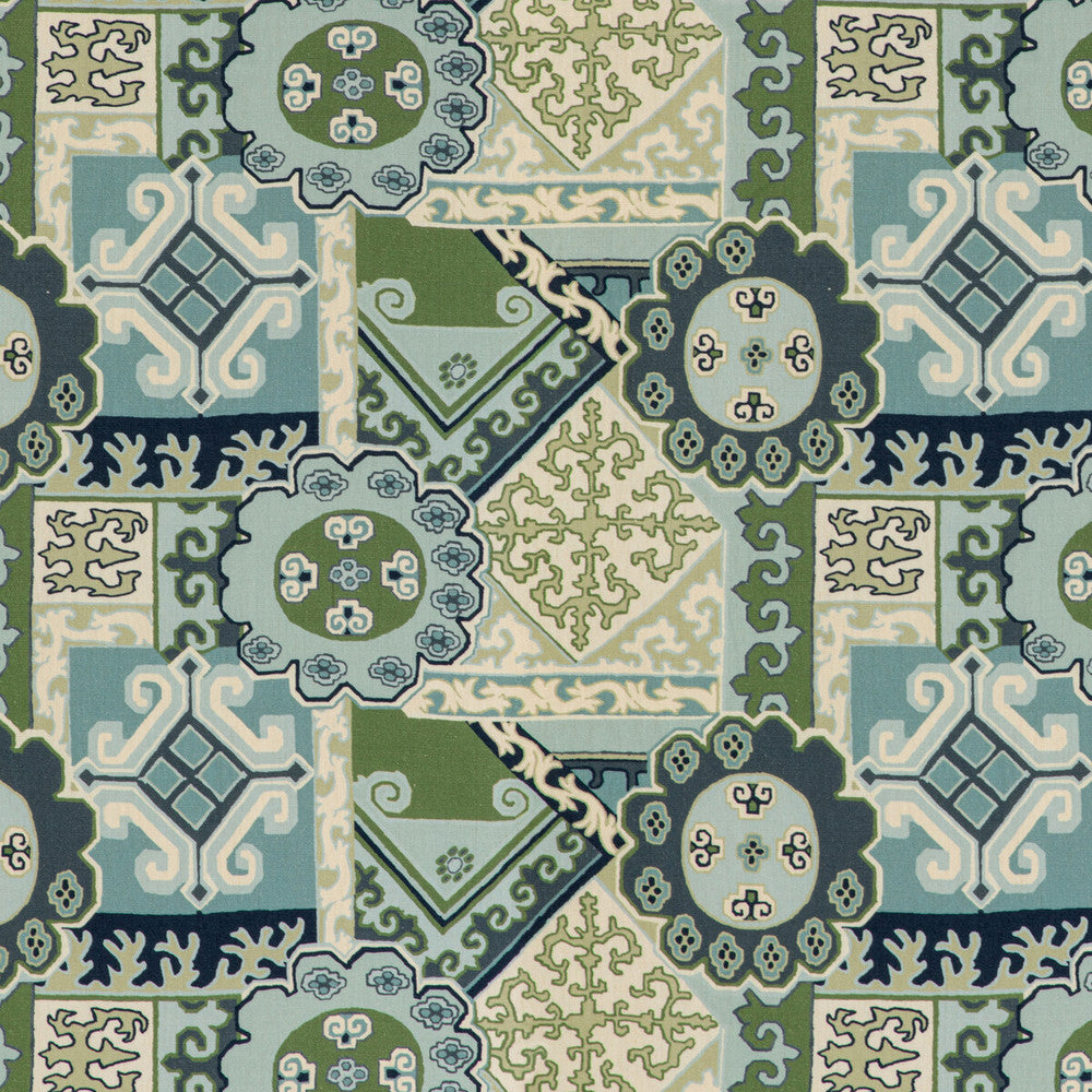 Batangas Print Aqua/Leaf by Lee Jofa Designer Fabric MINDORO LINEN - 100% Italy HEAVY Horizontal: 27 and Vertical: 17.32 54 - Swanky Fabrics -