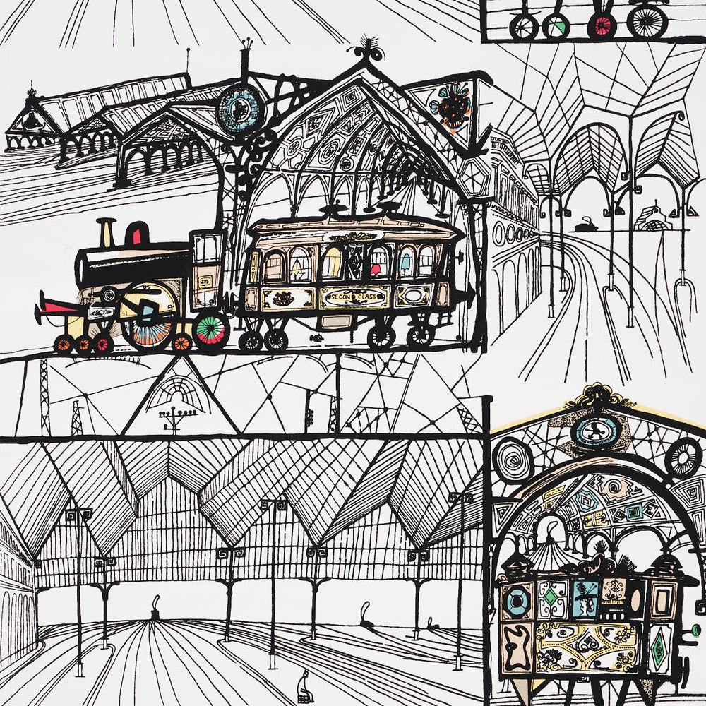 Trains Multi On White 2703940 by Schumacher Designer Wallpaper Exuberant Prints - Swanky Fabrics -
