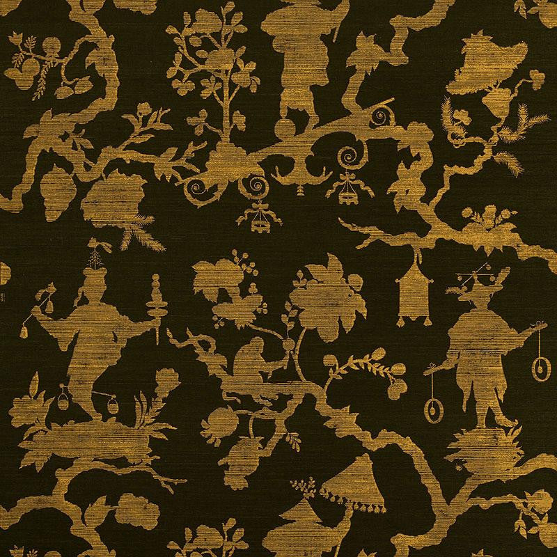 Shantung Silhouette Sisal Gold On Jet 5008254 by Schumacher Designer Wallpaper Shangri-La 33.25" - Swanky Fabrics -