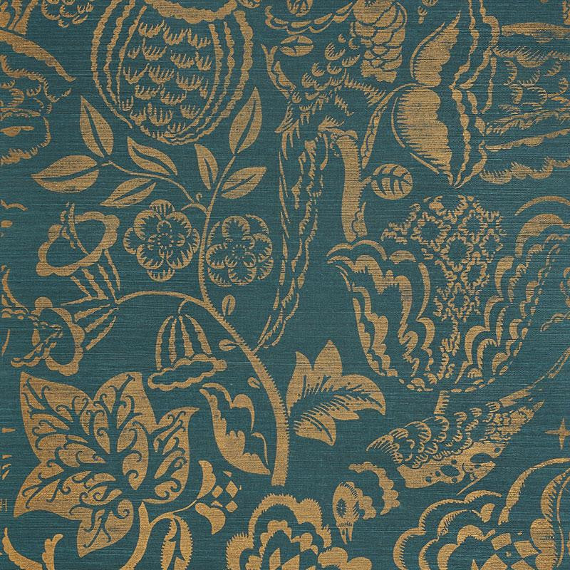 Uccello Sisal Gold On Peacock 5008264 by Schumacher Designer Wallpaper Shangri-La 34.0" - Swanky Fabrics -