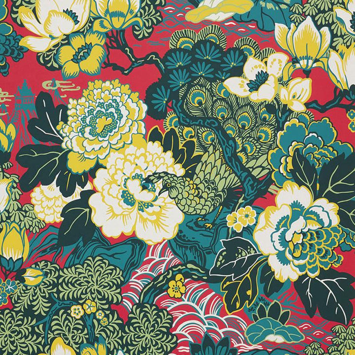 Shanghai Peacock Cerise 5006990 by Schumacher Designer Wallpaper Exuberant Prints 27.0" - Swanky Fabrics -