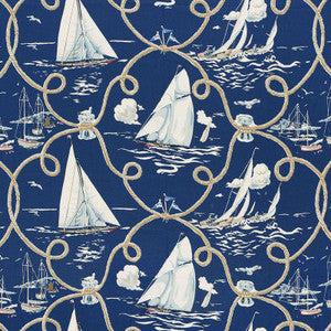 Schumacher Fabric Summer Regatta Linen Print Navy 175190