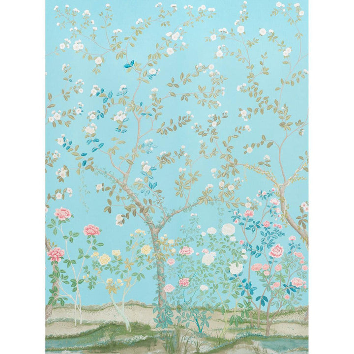 Madame De Pompadour Aqua 5008541 by Schumacher Designer Wallpaper Miles Redd 104.0" - Swanky Fabrics -