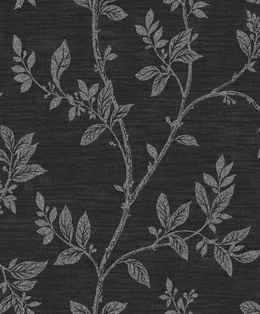 Leaf Trail Metallic Ebony & Glass Beads 2231110 by Etten Gallerie Designer Wallpaper