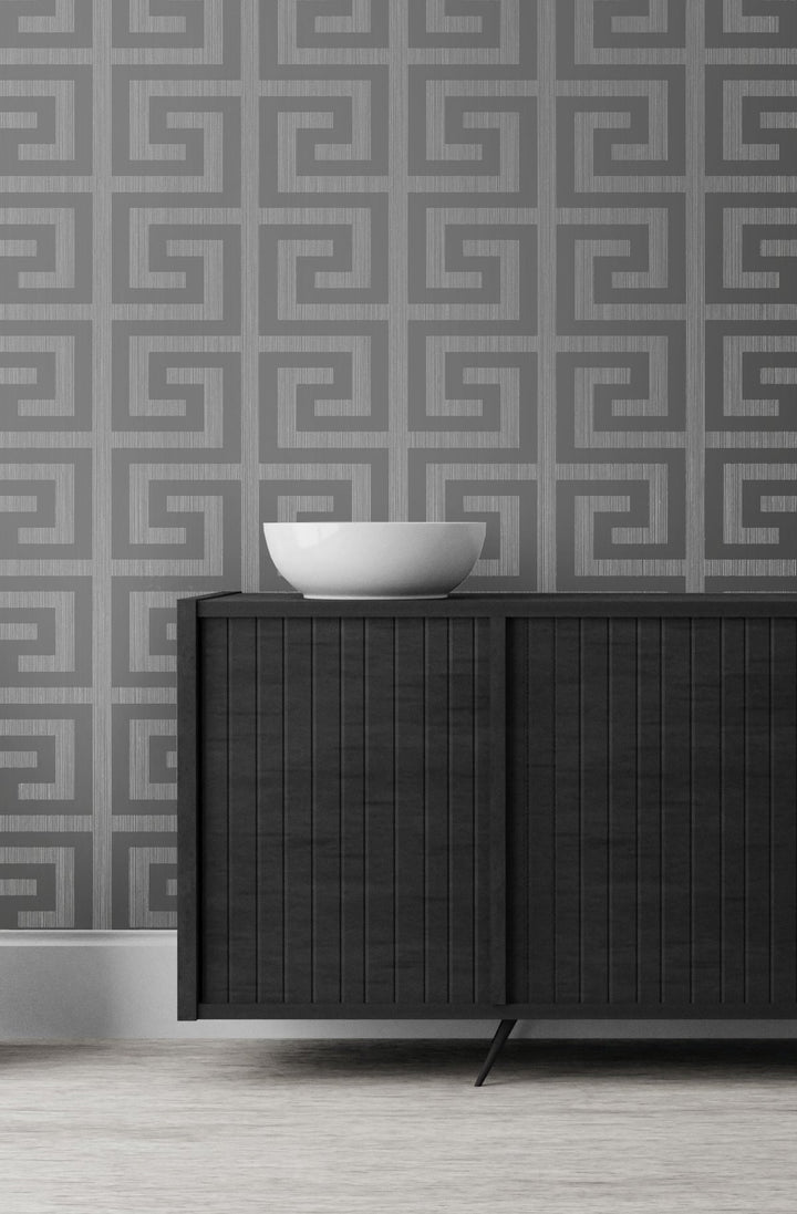 Greek Key Metallic Silver & Earl Gray 2232002 by Etten Gallerie Designer Wallpaper