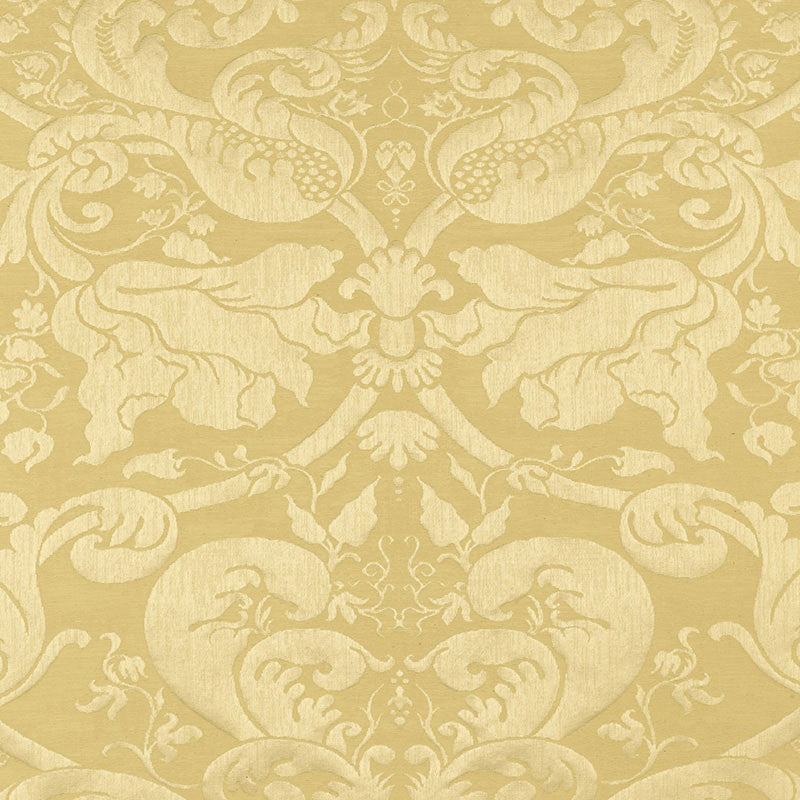 Gavotte Brocatelle Damask Beige 22551 by Schumacher Designer Fabric SERENISSIMA See Sample ITALY MEDIUM DUTY </p><p>Repeat: Horizontal: 25 1/4" (64CM) and Vertical: 38 3/8" (97CM) 51" WIDE (130CM) - Swanky Fabrics -
