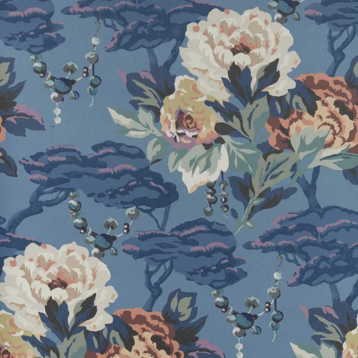 Paeonia (Wp) # 02 Indigo by 1838 Wallcoverings Designer Wallpaper V&A Decorative Papers STRAIGHT PASTE THE WALL UNITED KINGDOM V-26.3" 20.5"X11YD - Swanky Fabrics -