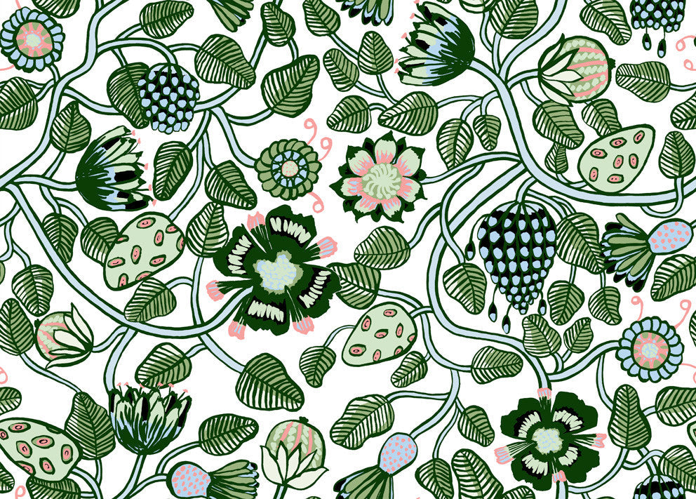 Pieni Tiara Emerald, Jade, and Light Blue 23332X by Marimekko Designer Wallpaper