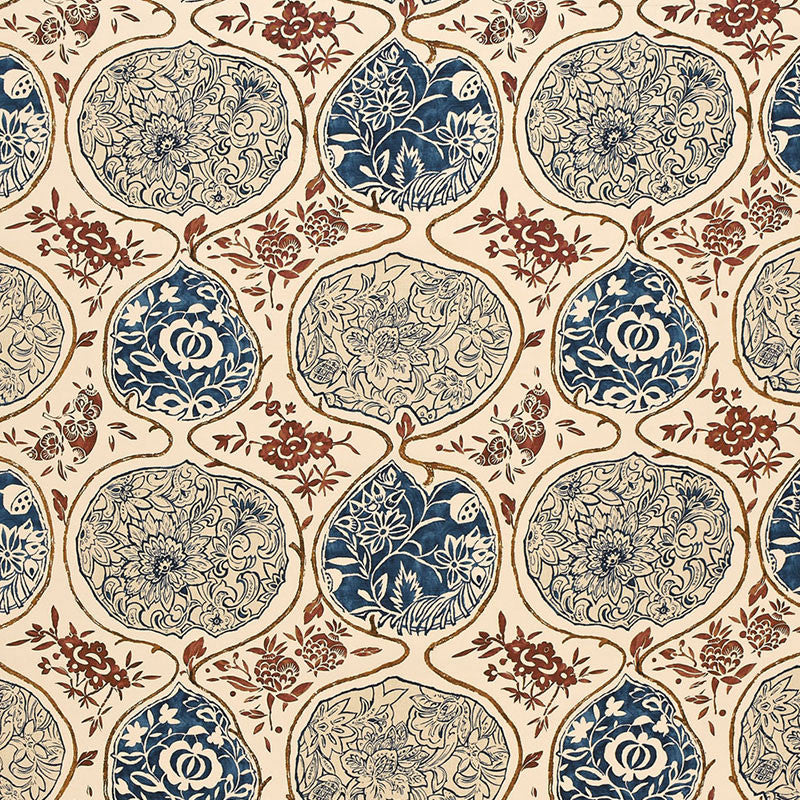 Katsugi Indigo & Cinnabar 2620931 by Schumacher Designer Fabric DW-SPRING 2003 COLLECTION LINEN 55% COTTON 45% BELGIUM </p><p>Repeat: Horizontal: 27" (69CM) and Vertical: 25" (64CM) 54 - Swanky Fabrics -