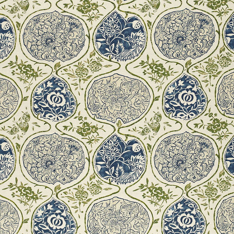 Katsugi Indigo & Green 2620932 by Schumacher Designer Fabric DW-SPRING 2003 COLLECTION See Sample BELGIUM - </p><p>Repeat: Horizontal: 27" (69CM) and Vertical: 25" (64CM) 54" WIDE (137CM) - Swanky Fabrics -