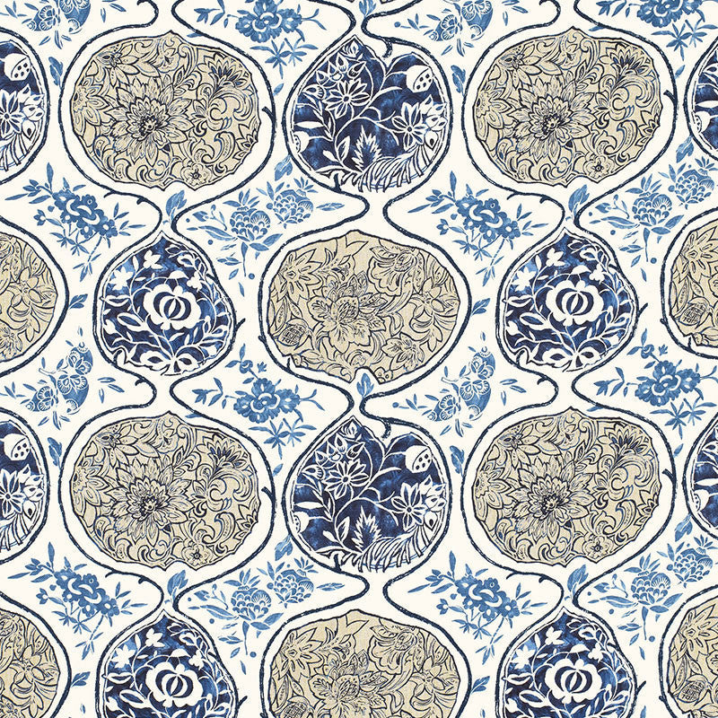 Katsugi Blues 2620933 by Schumacher Designer Fabric PRINT HAPPY See Sample BELGIUM - </p><p>Repeat: Horizontal: 27" (69CM) and Vertical: 25" (64CM) 54" WIDE (137CM) - Swanky Fabrics -