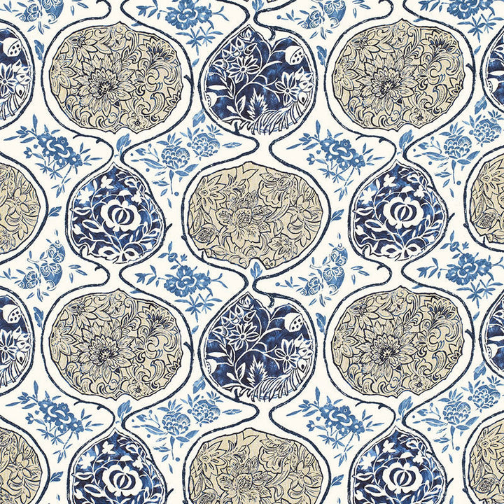 Katsugi Blues 2620933 by Schumacher Designer Fabric PRINT HAPPY See Sample BELGIUM - </p><p>Repeat: Horizontal: 27" (69CM) and Vertical: 25" (64CM) 54" WIDE (137CM) - Swanky Fabrics -