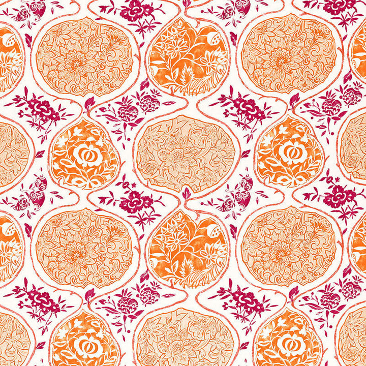 Katsugi Tangerine & Berry 2620936 by Schumacher Designer Fabric PRINT HAPPY See Sample BELGIUM - </p><p>Repeat: Horizontal: 27" (69CM) and Vertical: 25" (64CM) 54" WIDE (137CM) - Swanky Fabrics -