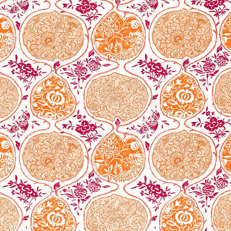 Katsugi Tangerine & Berry 2620936 by Schumacher Designer Fabric PRINT HAPPY LINEN 55% COTTON 45% BELGIUM </p><p>Repeat: Horizontal: 27" (69CM) and Vertical: 25" (64CM) 54 - Swanky Fabrics -