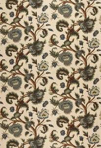 Schumacher Fabric Jacobean Printed Crewel Multi Blues Wood Tones 2639314