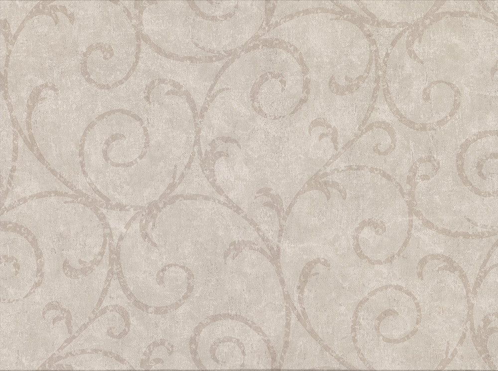 Sansa Khaki Plaster Scroll Wallpaper by Warner Designer Cortina IV Covers about 60.8 square feet 27-in by 27-ft long roll Unpasted 18 - Swanky Fabrics -