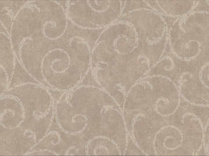 Sansa Light Brown Plaster Scroll Wallpaper by Warner Designer Cortina IV Covers about 60.8 square feet 27-in by 27-ft long roll Unpasted 18 - Swanky Fabrics -
