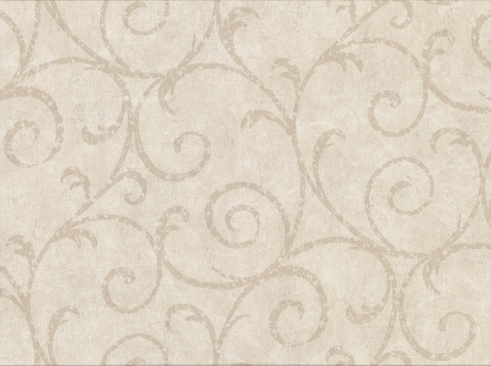Sansa Beige Plaster Scroll Wallpaper by Warner Designer Cortina IV Covers about 60.8 square feet 27-in by 27-ft long roll Unpasted 18 - Swanky Fabrics -