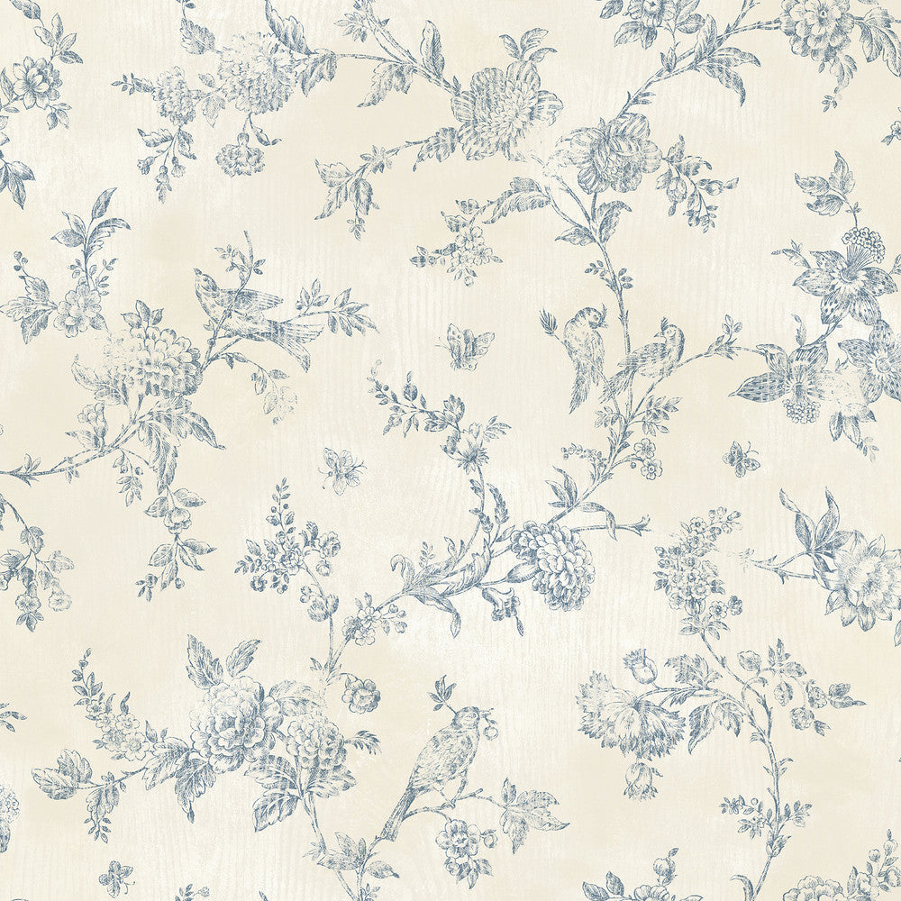 French Nightingale Blue Trail Wallpaper by Brewster Designer Fresh Start Kitchen & Bath Covers about 56.4 square feet 20.5-in by 33-ft long roll Prepasted 20.5 - Swanky Fabrics -