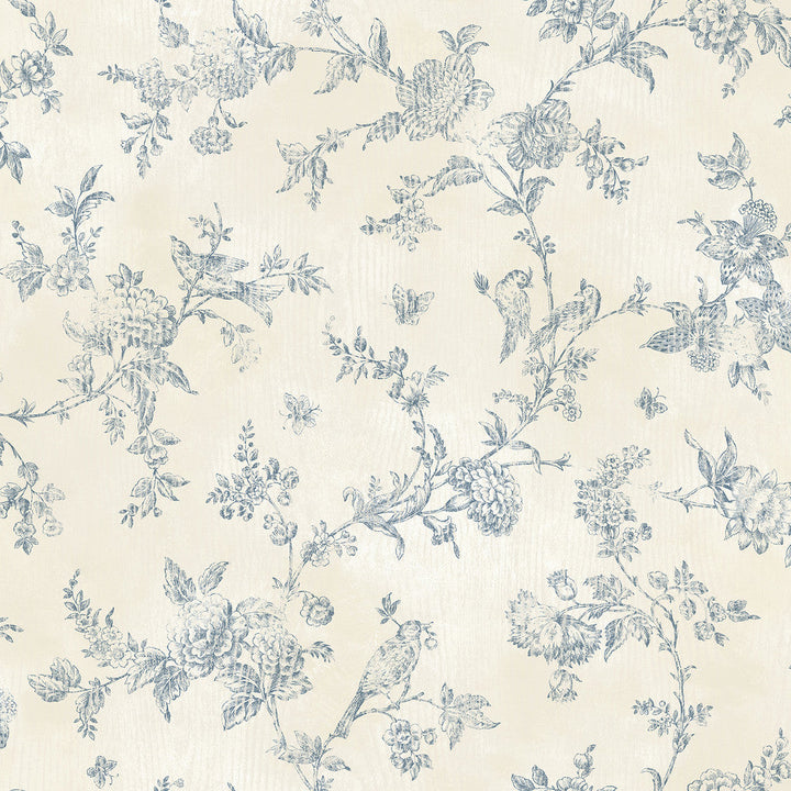 French Nightingale Blue Trail Wallpaper by Brewster Designer Fresh Start Kitchen & Bath Covers about 56.4 square feet 20.5-in by 33-ft long roll Prepasted 20.5 - Swanky Fabrics -