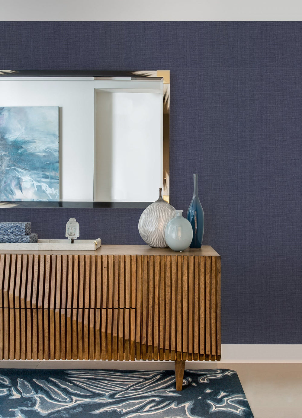 Claremont Indigo Faux Grasscloth Wallpaper by Warner Designer