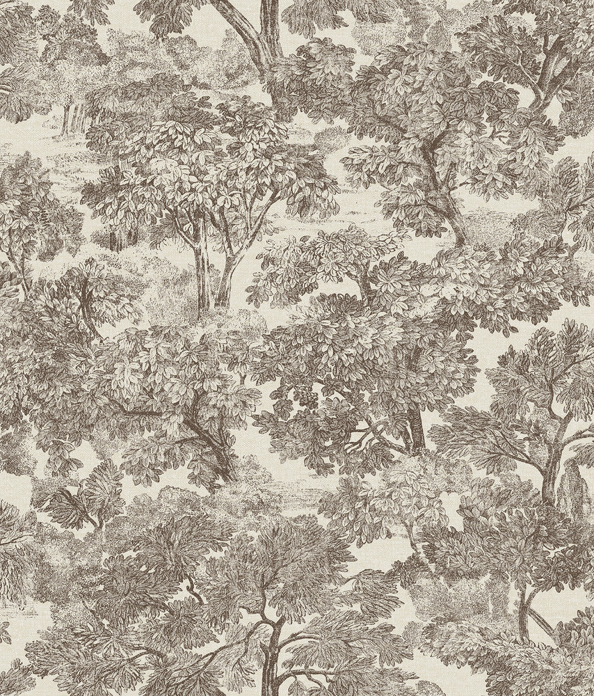 Blyth Brown Toile Wallpaper by Chesapeake Designer Sage Hill Covers about 56.4 square feet 20.5-in by 33-ft long roll Unpasted 24 - Swanky Fabrics -