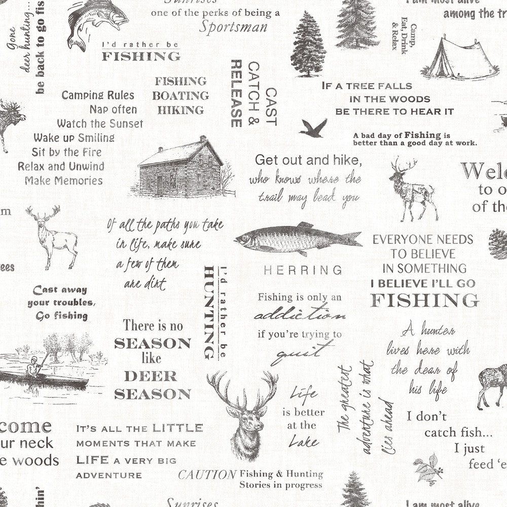 North Black Camping Quotes Wallpaper by Chesapeake Designer Birch & Sparrow Covers about 56.4 square feet 20.5-in by 33-ft long roll Prepasted 20.5 - Swanky Fabrics -