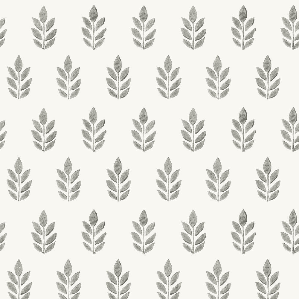 Ervic Charcoal Leaf Block Print Wallpaper by Chesapeake Designer Flora & Fauna Covers about 56.4 square feet 20.5-in by 33-ft long roll Prepasted 7 - Swanky Fabrics -